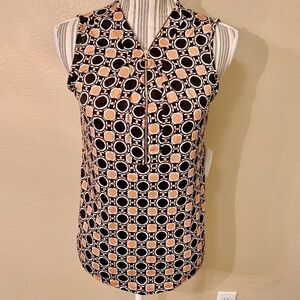 NWT Perseption Concept Top Small Retro Sleeveless Black Orange Tan Circles ZipUp
